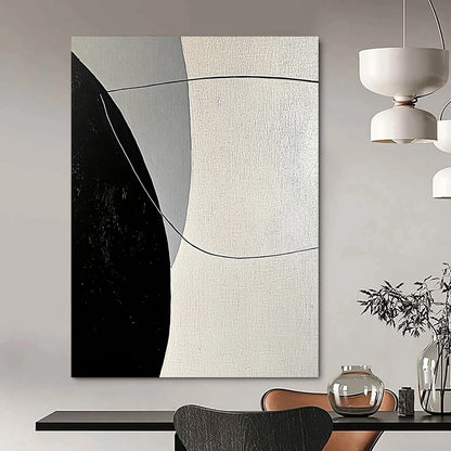 Contemporary abstract painting features bold black and white lines with smooth curves against a large gray background, showcasing minimalist geometric shapes and high contrast lighting. DLZ1654