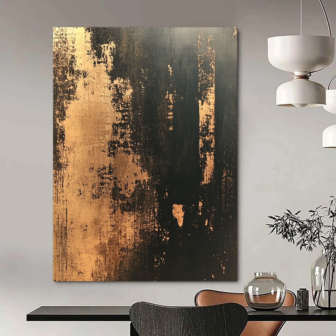 Contemporary hand-painted abstract artwork featuring distressed textured wallpaper in dark tones with gold accents creating a vintage modern aesthetic. DLZ1437
