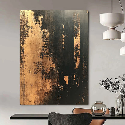 Contemporary hand-painted abstract artwork featuring distressed textured wallpaper in dark tones with gold accents creating a vintage modern aesthetic. DLZ1437