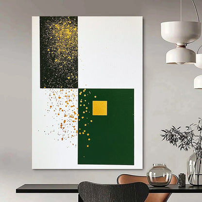 Contemporary abstract artwork featuring minimalist Japandi style with gold ink splatters on white paper and a dark green cardstock centerpiece. DLZ1613