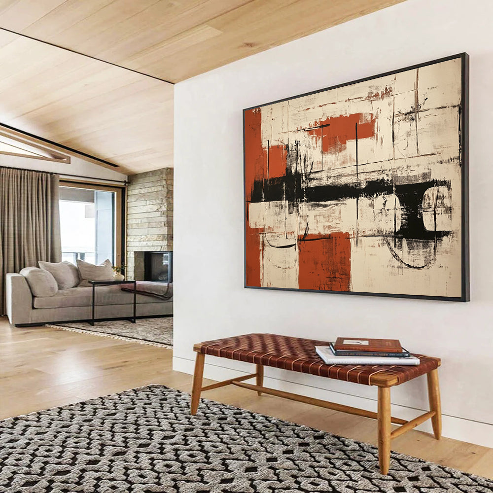 “Red Black White Abstract” - Red, Black, White, Textured Forms, Grid Elements - Painting On Canvas HB1439