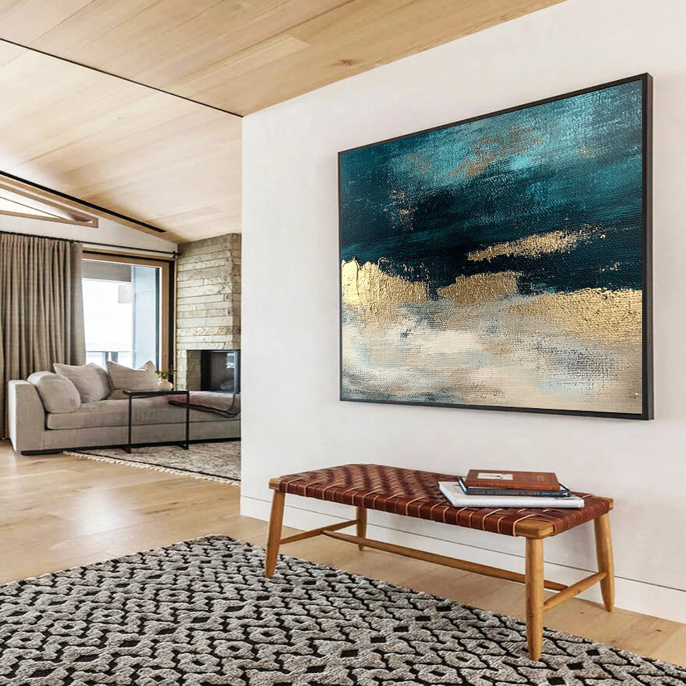 “Teal - Gold Abstract Horizon” - Teal, Gold, White with Textured Layers - Painting On Canvas HB1404