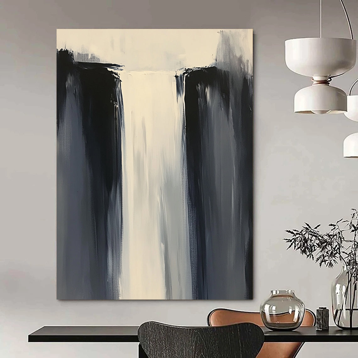 Contemporary abstract painting features minimalist composition in white and gray tones with thick brushstrokes and a tall waterfall, enhancing depth and artistic appeal. DLZ0550