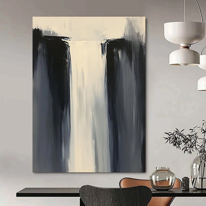 Contemporary abstract painting features minimalist composition in white and gray tones with thick brushstrokes and a tall waterfall, enhancing depth and artistic appeal. DLZ0550