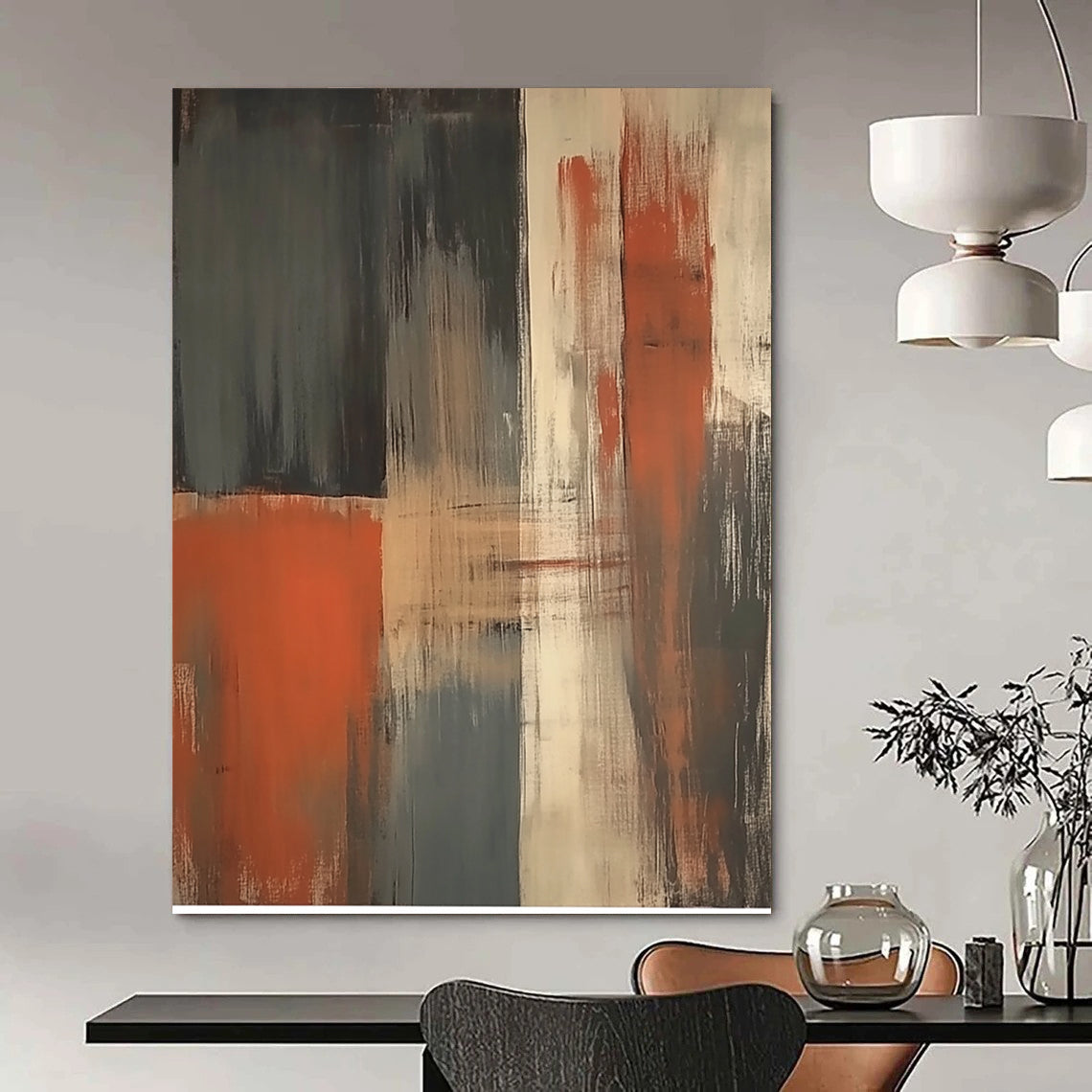 Contemporary hand-painted abstract art featuring a striking orange grey and beige vertical brushstroke on a dark gray background. DLZ1018