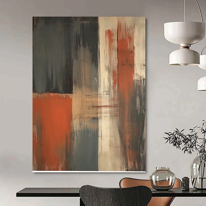Contemporary hand-painted abstract art featuring a striking orange grey and beige vertical brushstroke on a dark gray background. DLZ1018