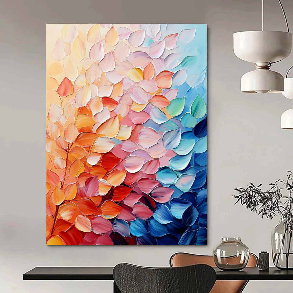 Contemporary abstract painting featuring colorful leaves in soft hues with vibrant palette knife texture for a puffy shiny effect on canvas. DLZ0616