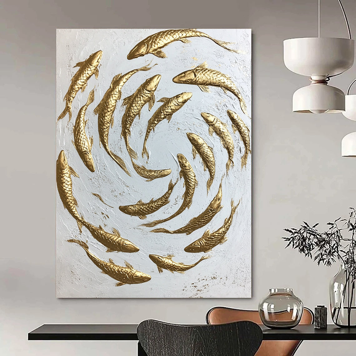 Contemporary hand-painted abstract art featuring swirling gold koi fish on a minimalist white canvas capturing dynamic movement and intricate details. DLZ1475