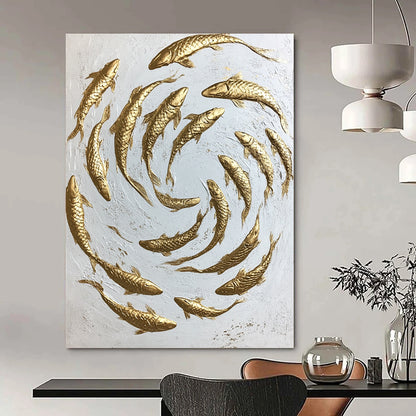 Contemporary hand-painted abstract art featuring swirling gold koi fish on a minimalist white canvas capturing dynamic movement and intricate details. DLZ1475