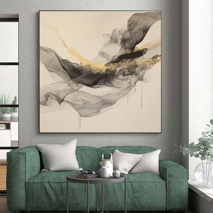 Beige, Gray, Gold, Flowing Shapes "Smoky Splendor" Abstract Painting On Canvas HB035