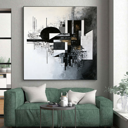 Black, White, Gray and Gold Geometric Abstraction "Gilded Geometry" Painting On Canvas HB318