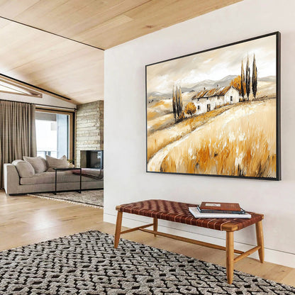 “Tuscan Farmhouse in Golden Fields” - Warm Beiges, Browns, Yellows, Farmhouse in Rolling Fields - Contemporary Oil Painting HB1694