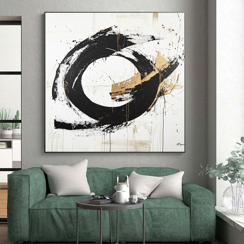 White, Black, Gold, Textured Circle "Enso Echo" Abstract Zen - Inspired Painting On Canvas HB090