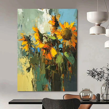 Vibrant contemporary abstract painting capturing sunflowers in a striking palette, showcasing bold brushstrokes and dynamic texture. DLZ0645