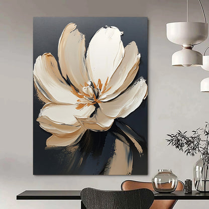 Contemporary abstract painting featuring a large white flower with gold accents on a dark gray background showcasing visible brush strokes. DLZ0603