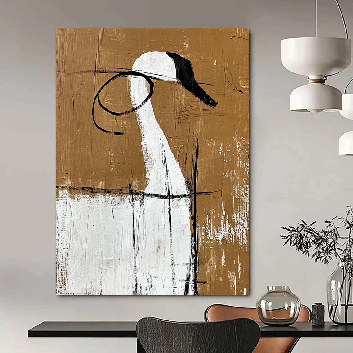 Contemporary hand-painted abstract art featuring large blank spaces bold shapes and contrasting colors inspired by minimalist Chinese aesthetics. DLZ0833