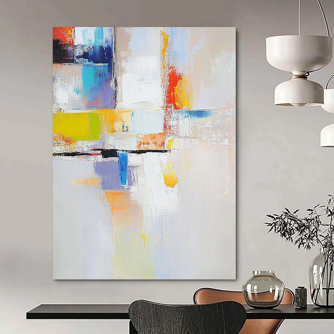 Contemporary hand-painted abstract artwork featuring vibrant colors and dynamic shapes perfect for elevating modern spaces. DLZ1780