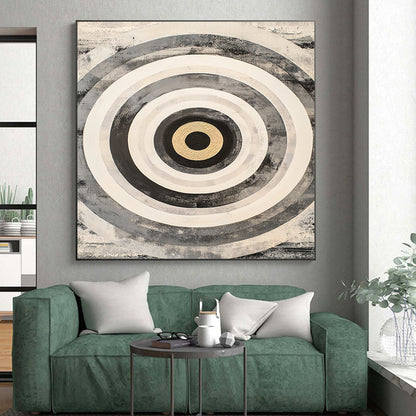 Black, White, Gray and Gold Concentric Circles "Subtle Vortex" Painting On Canvas HB382