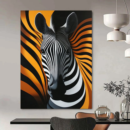 Contemporary abstract artwork featuring a striking zebra head with fluid lines on a vibrant orange background emphasizing elegant shapes and symmetry. DLZ1219