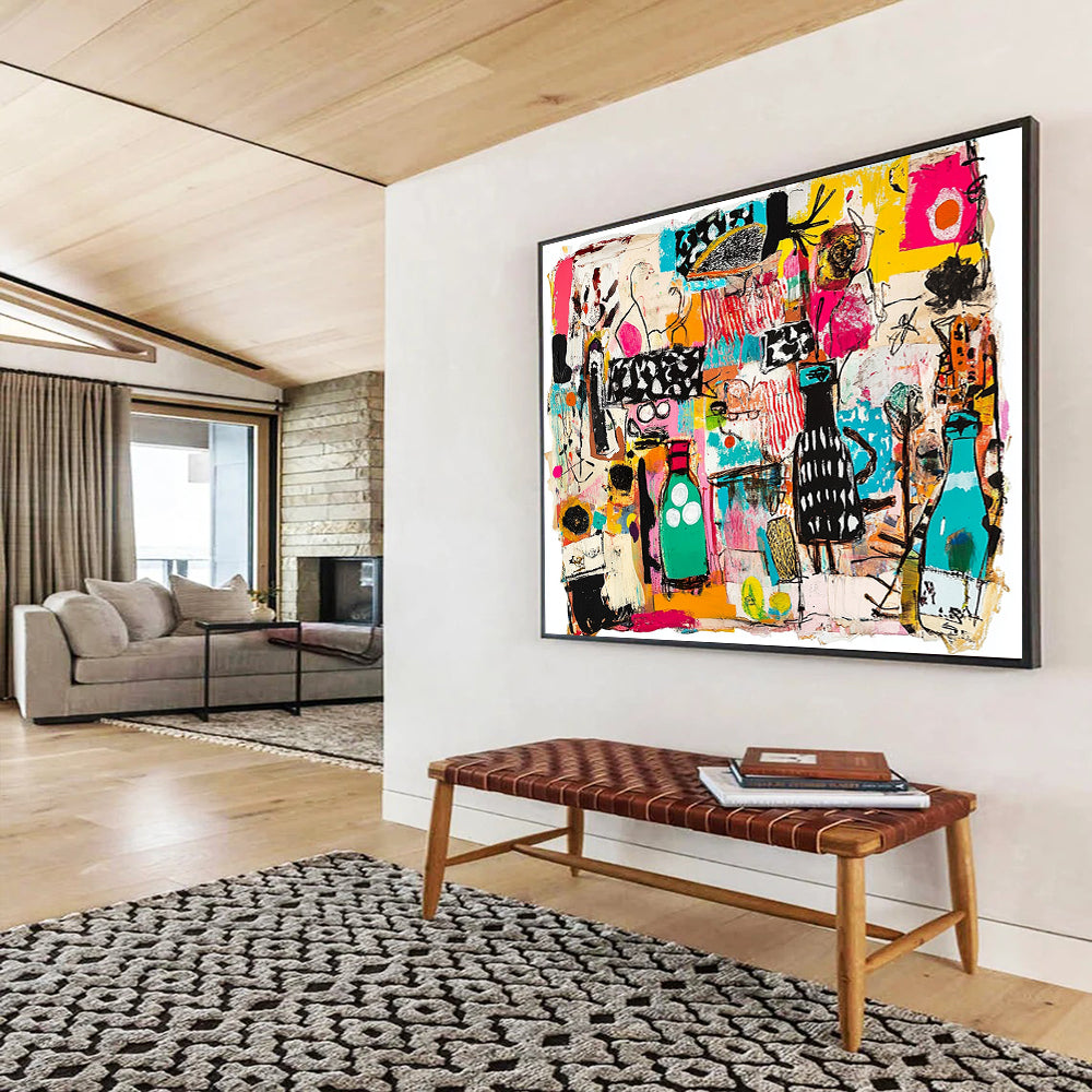 “Colorful Collage Chaos” - Multicolor, Abstract Objects, Collage - like - Mixed Media Painting HB1483