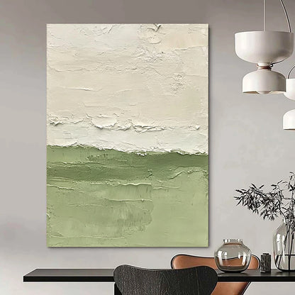 Contemporary abstract painting with vibrant green water soft brushstrokes and minimalist design highlighting fluidity and tranquility on a large canvas. DLZ1416