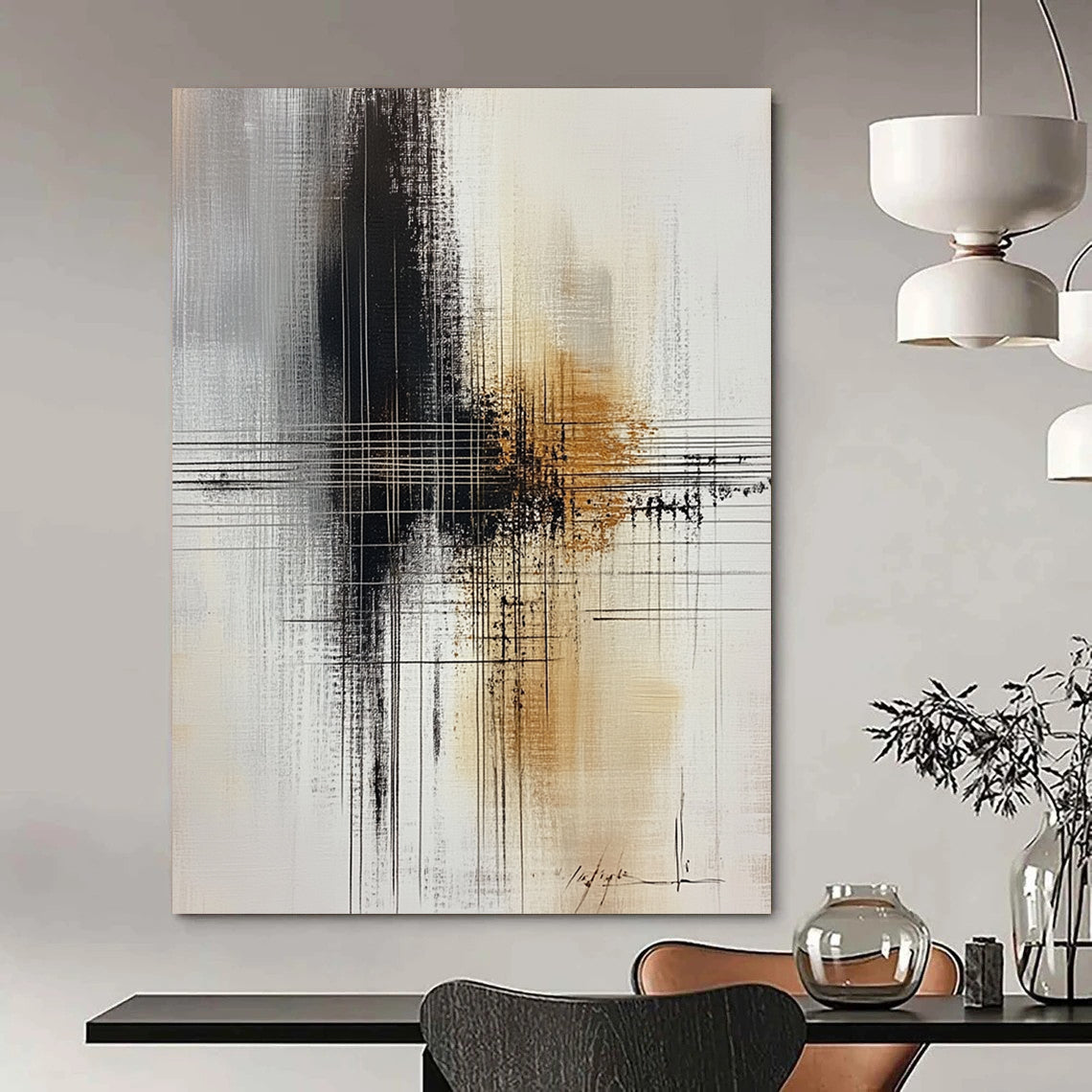 Large contemporary abstract painting featuring bold brushstrokes in black, white, and hints of gold with a central cross line drawing. DLZ0567