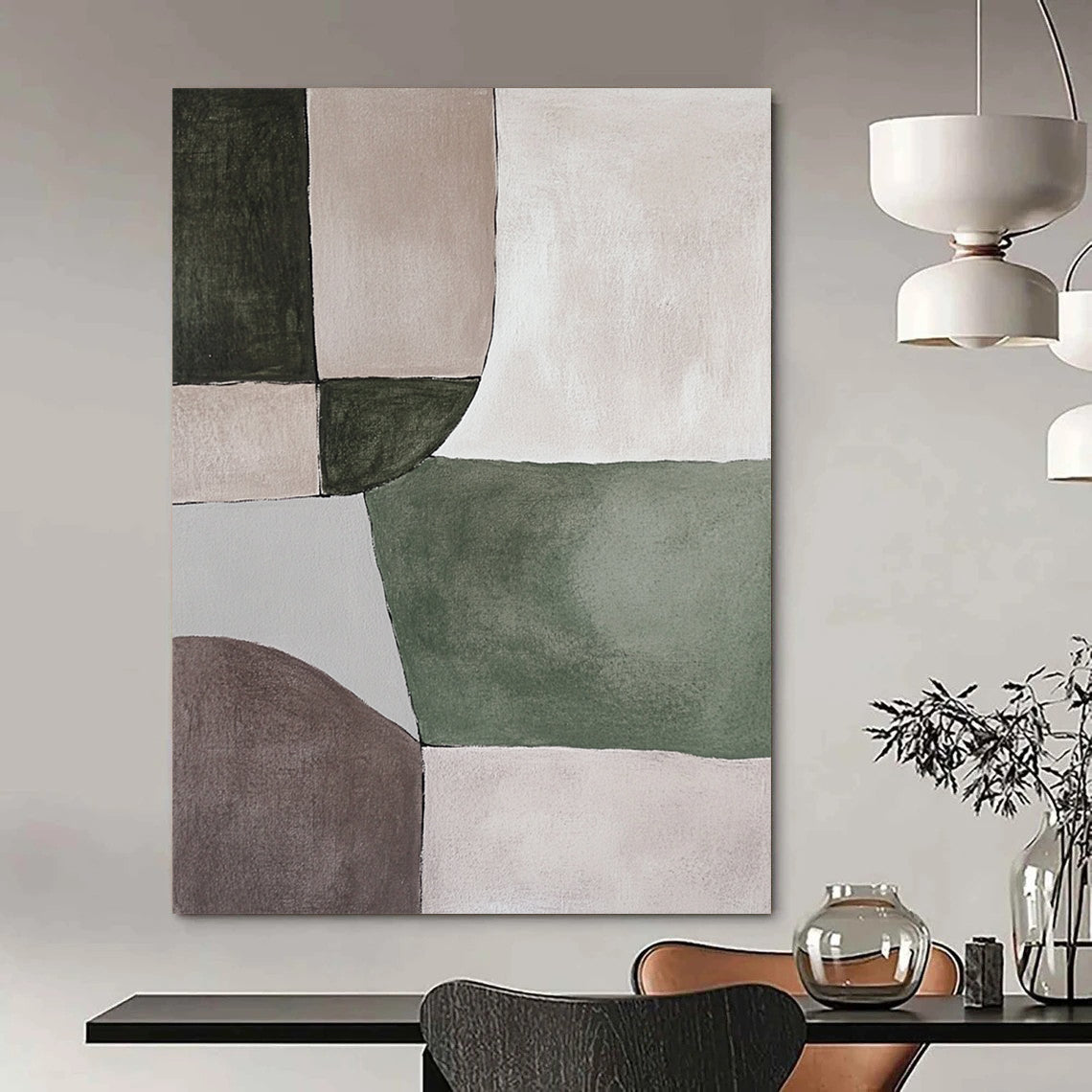 Contemporary abstract painting featuring serene green and grey shapes on a soothing beige background, perfect for minimalistic decor. DLZ0881