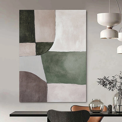 Contemporary abstract painting featuring serene green and grey shapes on a soothing beige background, perfect for minimalistic decor. DLZ0881