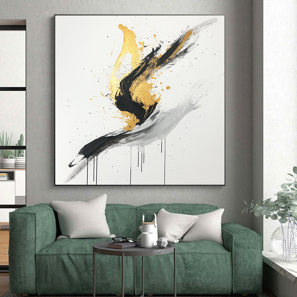 Black, White, Gold, Gray, Dynamic Swirls "Gilded Motion" Abstract Expressionist Painting On Canvas HB095