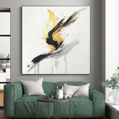 Black, White, Gold, Gray, Dynamic Swirls "Gilded Motion" Abstract Expressionist Painting On Canvas HB095