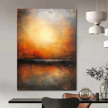 Contemporary hand-painted abstract art featuring an endless horizon in warm colors and muted tones on a textured canvas. DLZ0887