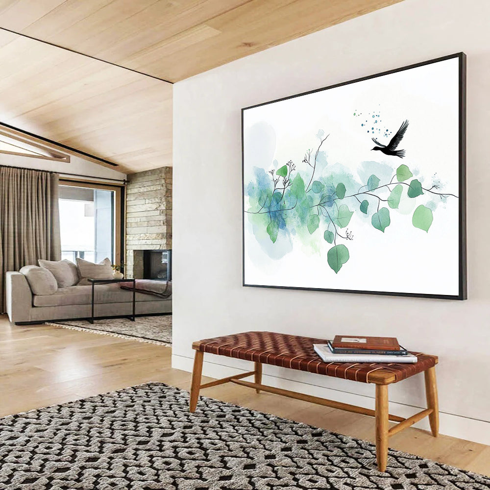 “Delicate Bird & Branches” - Green, Blue, Bird, Branches Painting On Canvas HB0762
