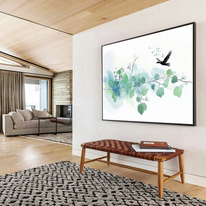 “Delicate Bird & Branches” - Green, Blue, Bird, Branches Painting On Canvas HB0762