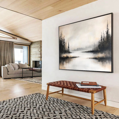 “Foggy Forest Lake” - Black, White, Gray, Silhouetted Trees and Misty Water Painting On Canvas HB0918