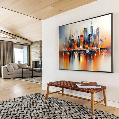 Colorful Cityscape with Reflections "Urban Glow" Painting On Canvas HB0664