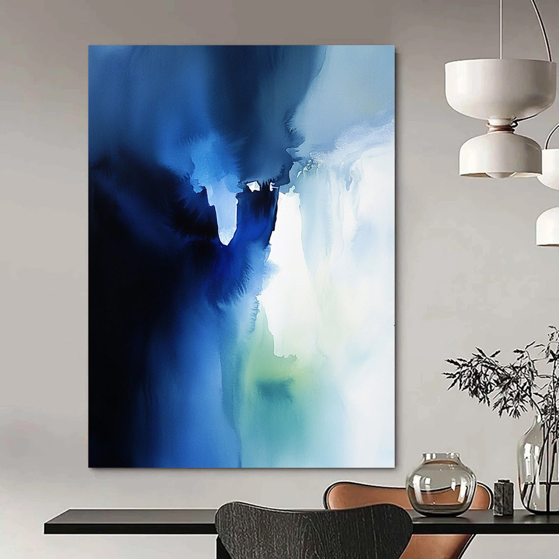 Contemporary abstract watercolor artwork featuring an ethereal ice wall in blue and white with translucent layers and sky-blue shadows. DLZ1081