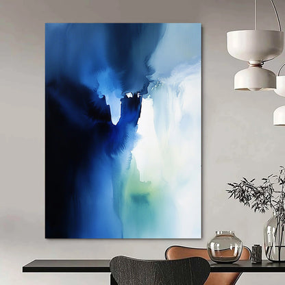 Contemporary abstract watercolor artwork featuring an ethereal ice wall in blue and white with translucent layers and sky-blue shadows. DLZ1081