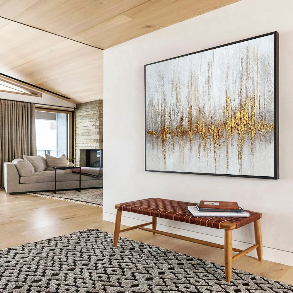 “Gilded Soundwave” - White, gold, gray; Textured gold soundwave on white; Mixed Media Painting On Canvas HB1207