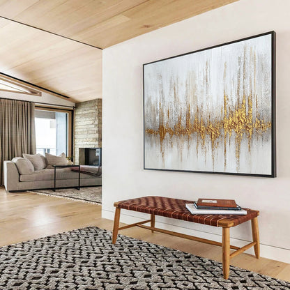 “Gilded Soundwave” - White, gold, gray; Textured gold soundwave on white; Mixed Media Painting On Canvas HB1207