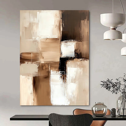 Large contemporary abstract painting featuring beige and white blocks with soft edges and delicate brushstrokes on a textured canvas in neutral tones. DLZ1024