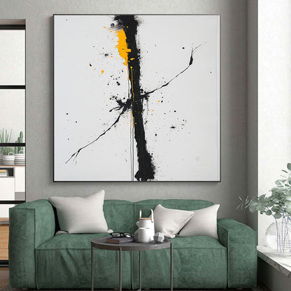 Black, White, Gray, Yellow, Bold Vertical Drip "Sunlit Chaos" Abstract Expressionist Painting On Canvas HB068