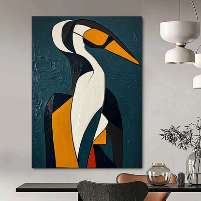 Contemporary abstract painting featuring a Cubist-inspired penguin with geometric woman amidst dark blue-green background and thick brushstrokes. DLZ1433