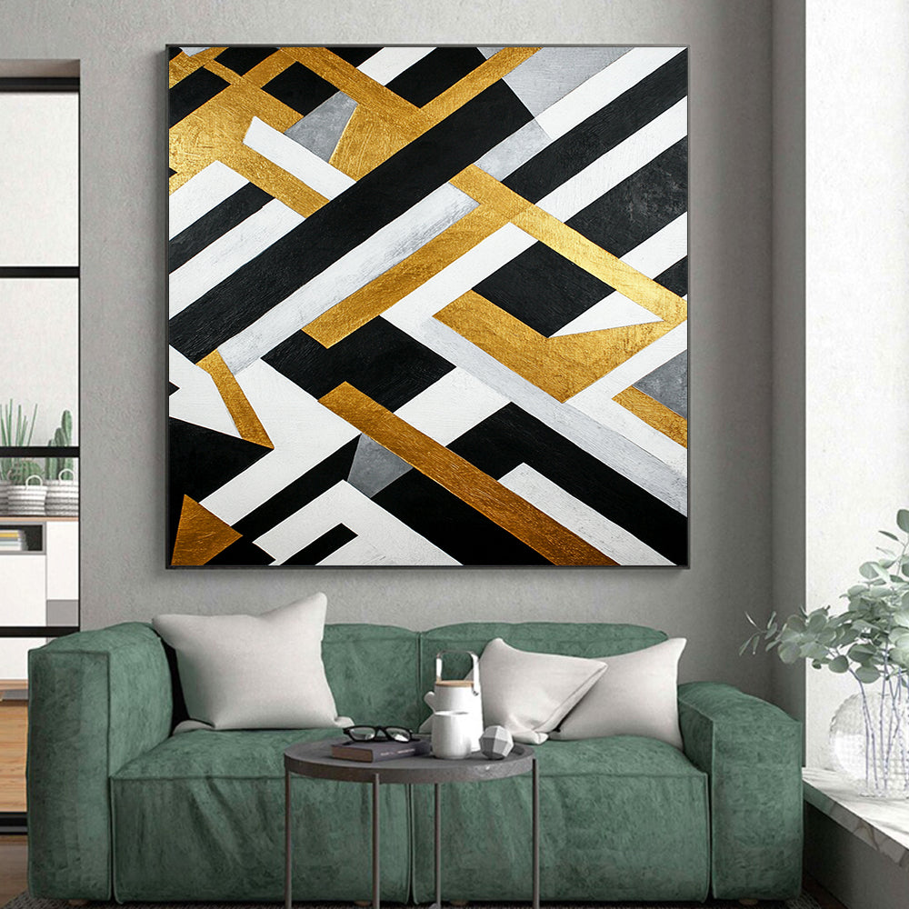 Black, White, Gold, Gray, Interlocking Shapes "Golden Grid" Abstract Modernist Painting On Canvas HB110