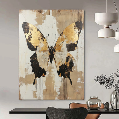 Large contemporary hand-painted abstract artwork featuring distressed butterfly design in gold and beige tones adding elegance to any space. DLZ1562