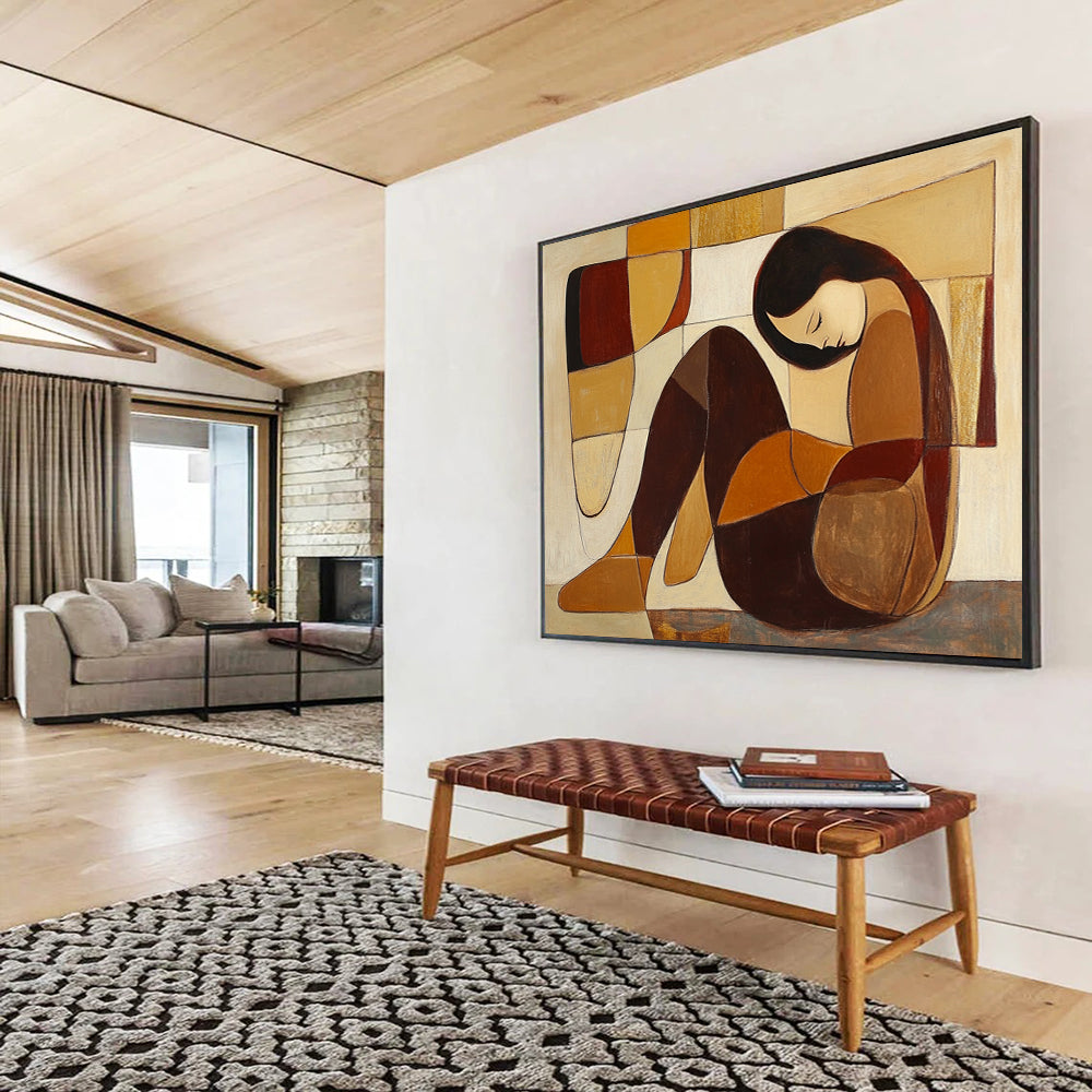 “Cubist - Style Figure” - Brown, beige, orange, Cubist Figurative Painting HB0634