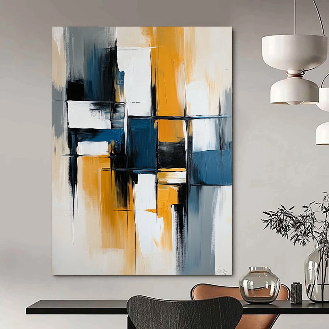 Contemporary hand-painted abstract artwork with bold lines and vibrant blocks of blue, white, gray, and yellow on canvas. DLZ0753