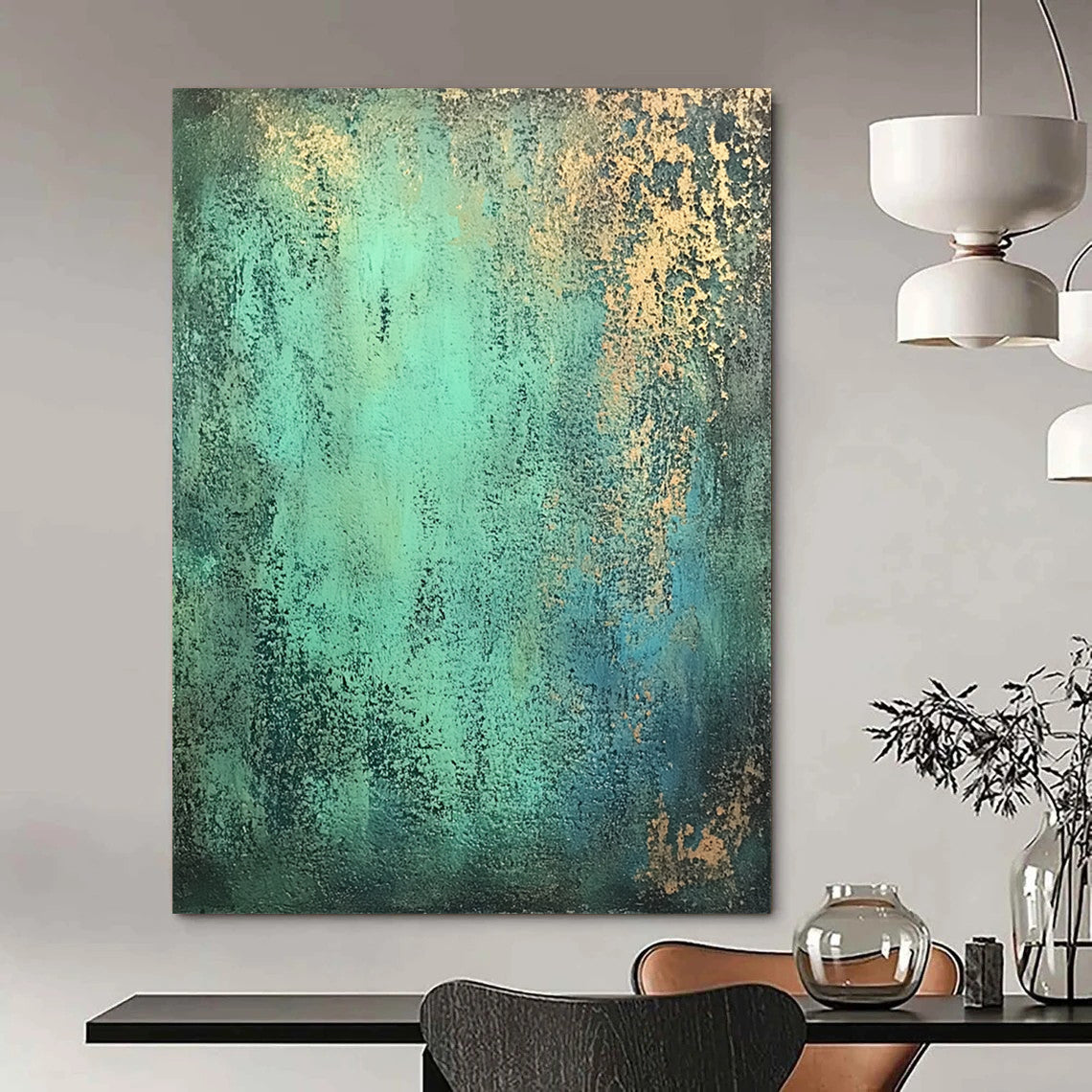 Contemporary hand-painted abstract art features textured patina-green with hints of blue and gold on a dark gray background for a rustic yet elegant ambiance. DLZ1165