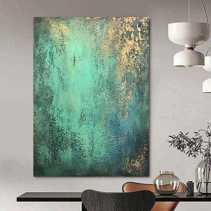 Contemporary hand-painted abstract art features textured patina-green with hints of blue and gold on a dark gray background for a rustic yet elegant ambiance. DLZ1165