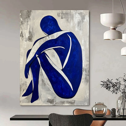 Contemporary hand-painted abstract artwork featuring a seated blue and white figure with a grey background and silver lines. DLZ0586