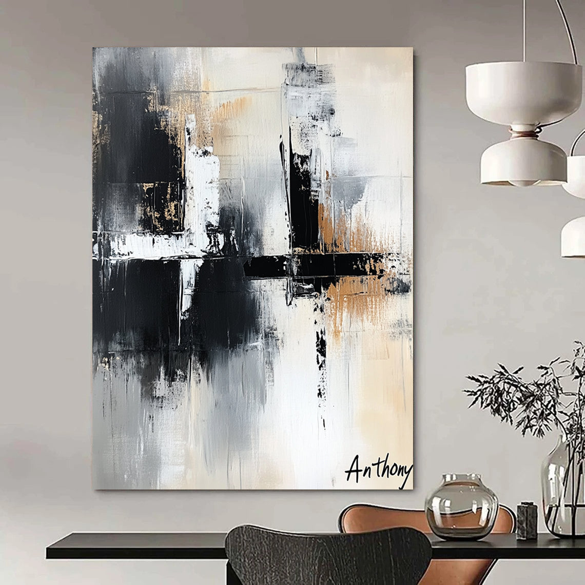 Contemporary abstract art features the word Anthony in white black and grey with bold brush strokes and layered textures creating depth and elegance. DLZ1422